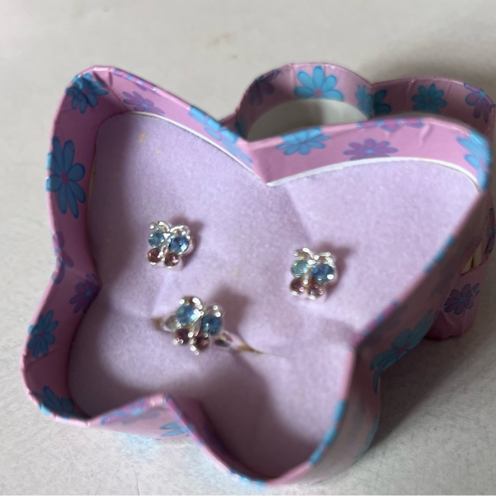 Avon New Butterfly Blue Earrings/Ring set for Kids Original Box